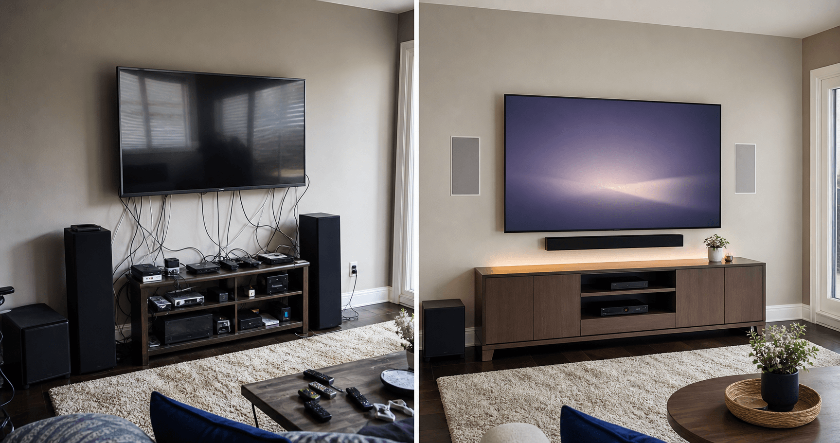 Clean media room with mounted TV and organized home theater controls