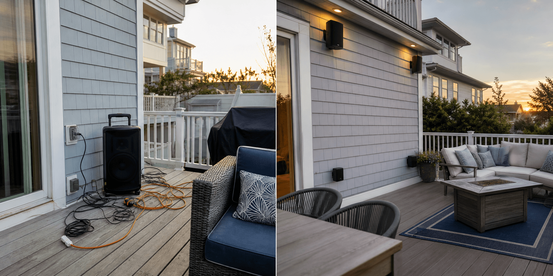 Representative before and after of outdoor patio audio with discreet mounted speakers and clean wiring