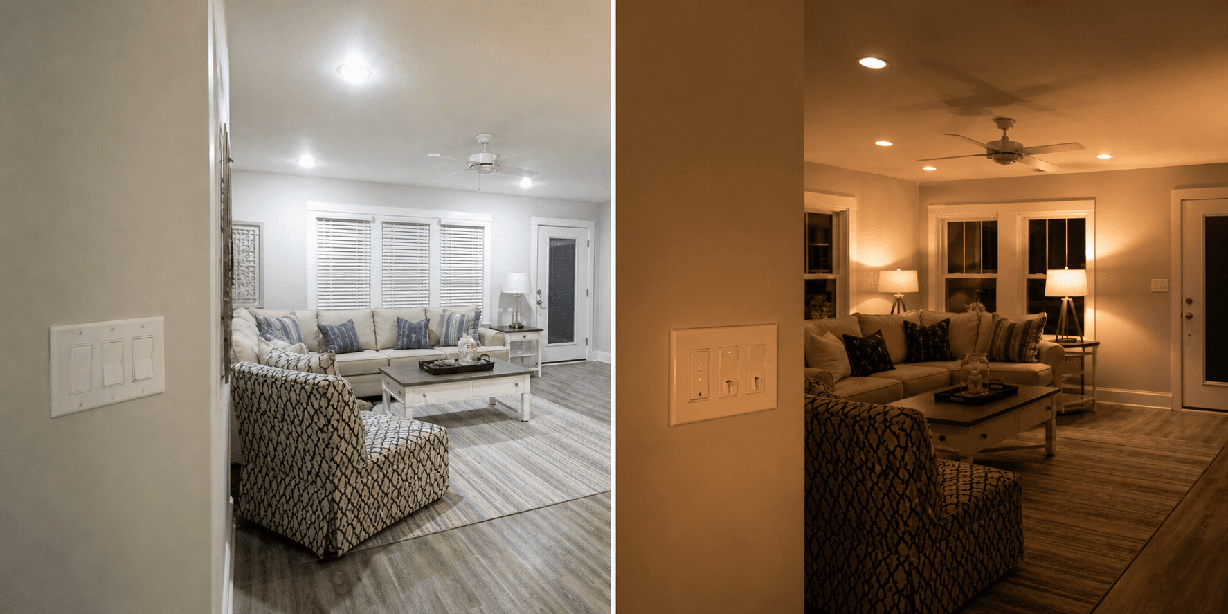 Warm smart lighting scene with clean dimmer controls in a shore home living room