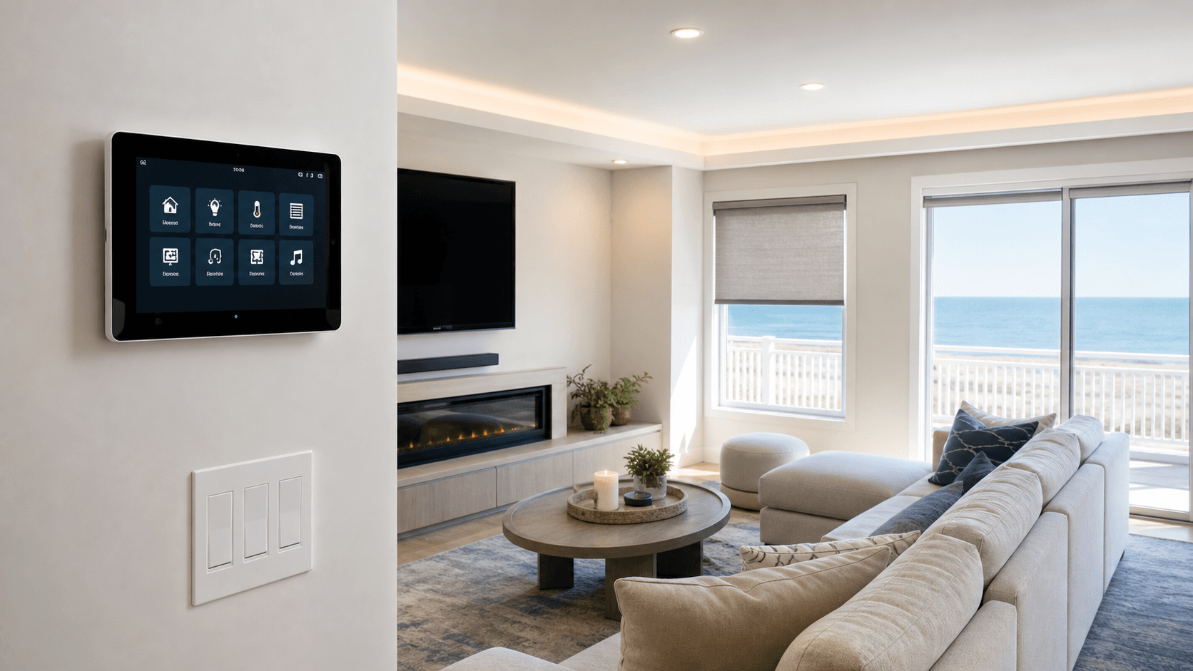 Smart home control panel in a clean coastal living room