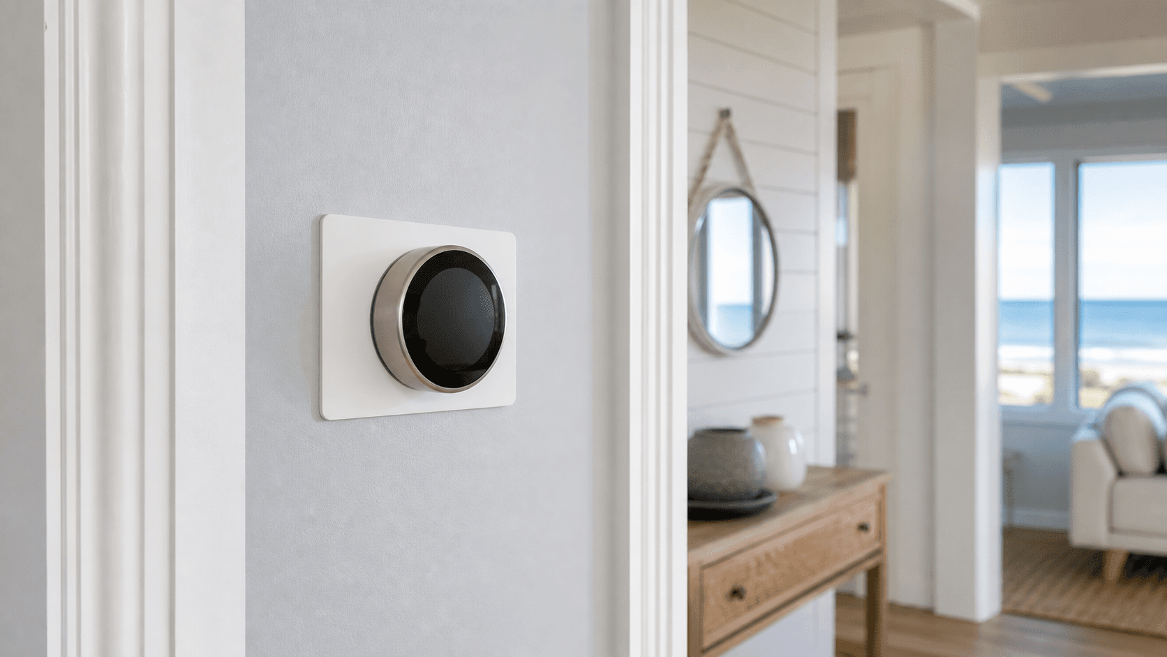 Clean smart thermostat installation in a coastal home hallway