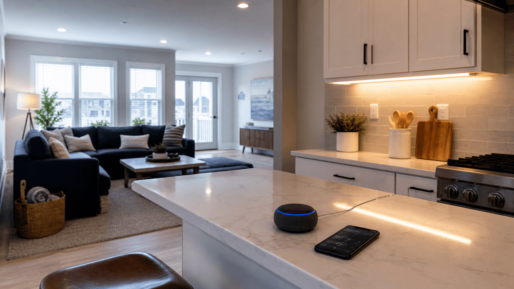 Smart speaker and phone controls in a tidy shore home kitchen