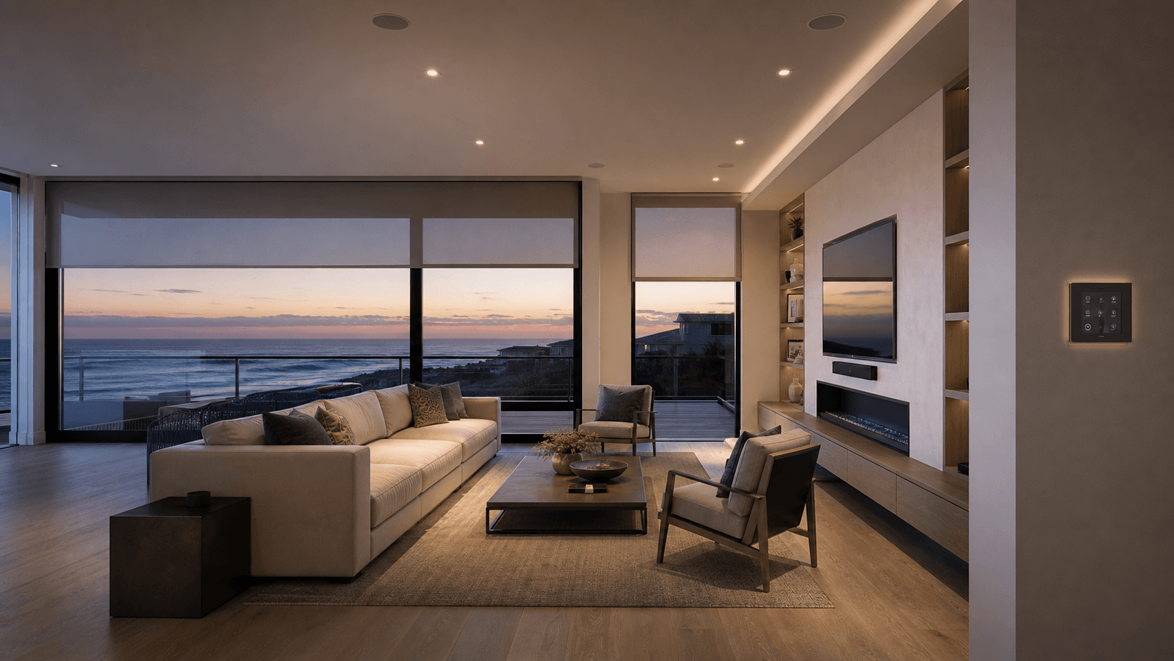 Elegant smart home living room with lighting and integrated technology
